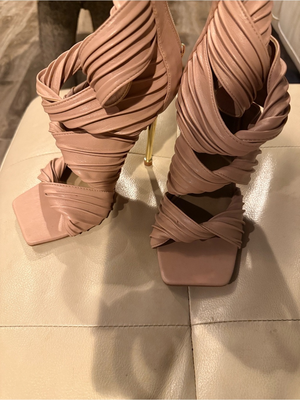Twist-Strap High Heel Sandals in Dusty Rose